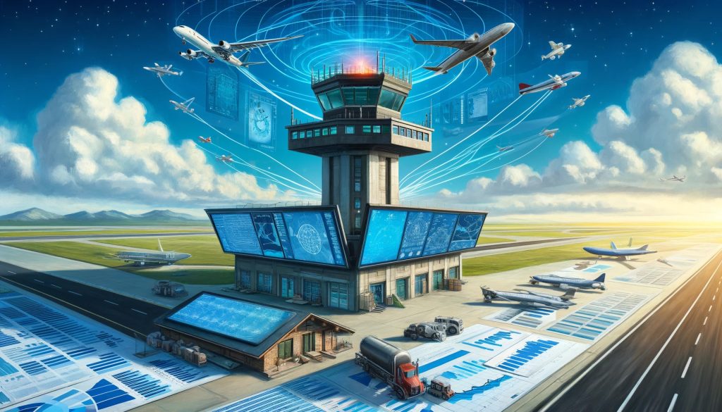 Airport control tower coordinating various aircraft. The control tower is shown with screens displaying radar data and flig