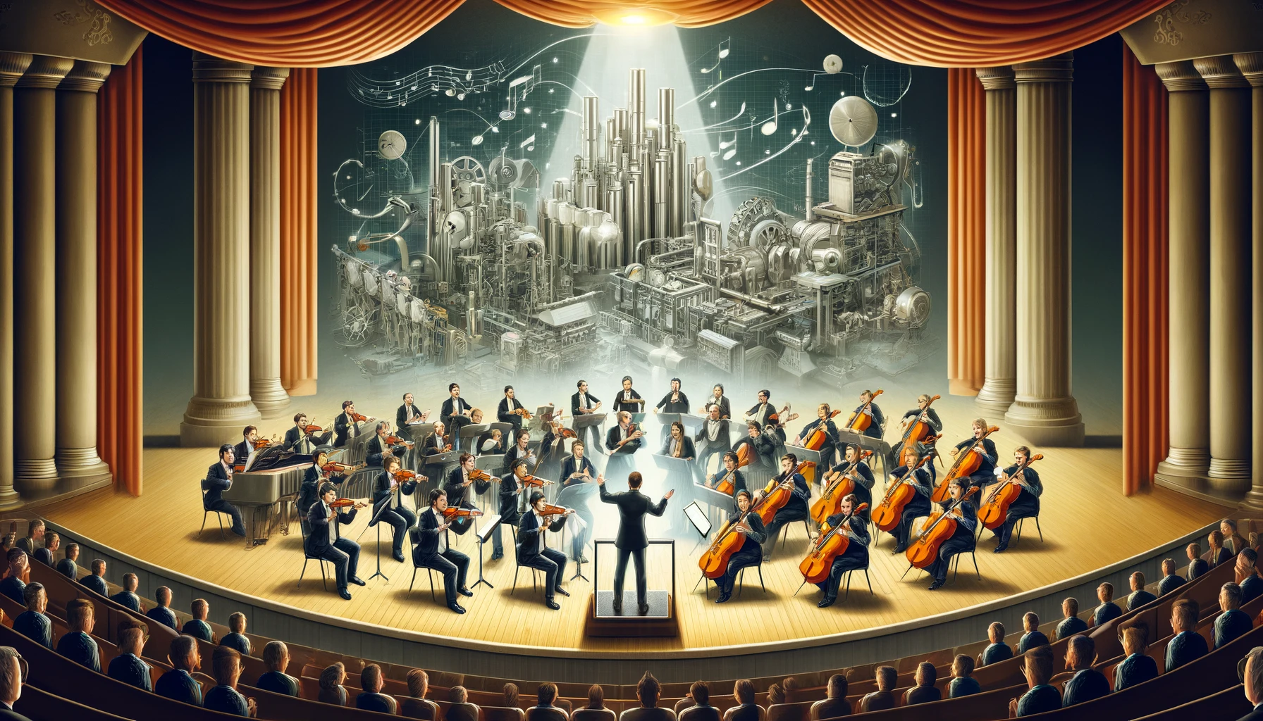 DALL·E 2024 05 27 10.22.48 A grand orchestra performing in a large elegant concert hall. The conductor standing at the podium is surrounded by various factory elements instea
