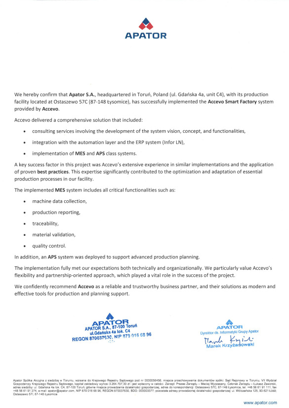 Apator implementing Accevo smart factory endorsement document